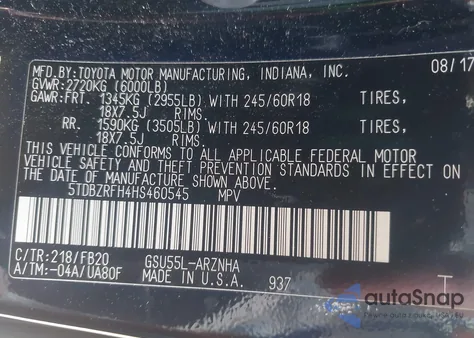 2017 Toyota Highlander Le/Le Plus z USA, uszkodzony, nr VIN 5TDBZRFH4HS460545